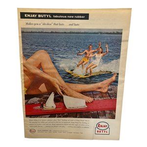Vintage 1958 Print Ad Enjay Butyl Rubber Water Skiing Shoe Bindings